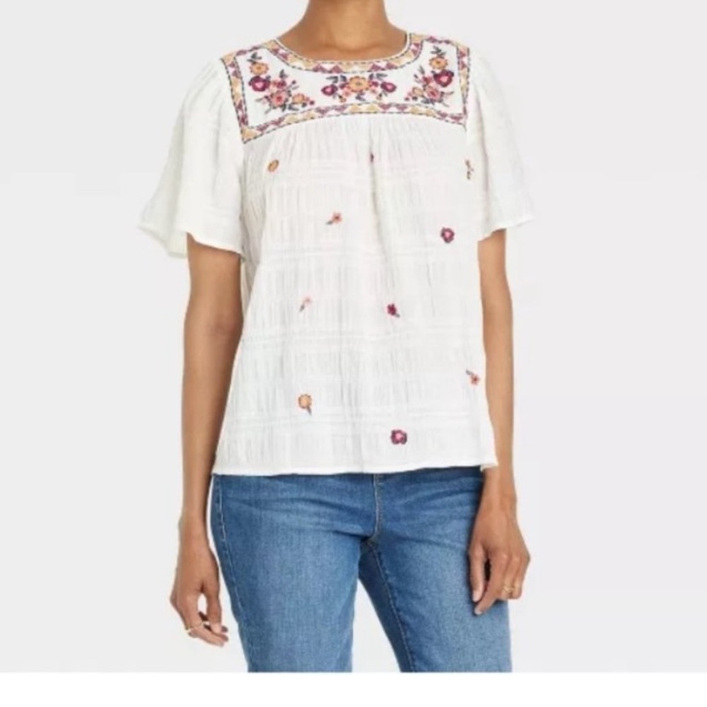 Knox Rose short flutter sleeve blouse floral embroidery neckline top boho M